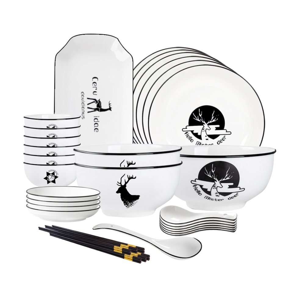 1-SOGA White Antler Printed Ceramic Dinnerware Set Crockery Soup Bowl Plate Server Kitchen Home Decor Set of 20