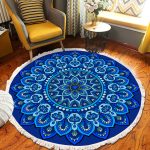 3-SOGA 90cm Blue Mandala Round Carpet for Living Room Bedroom Anti-slip Doormat