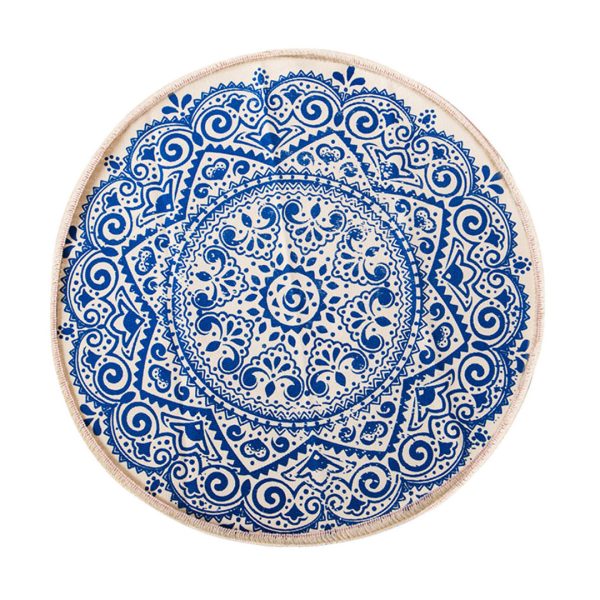 1-SOGA Blue Carpet Soft Linen Bohemian Non-Slip Floor Retro Minimalist Round Rug Home Decor with Tassels