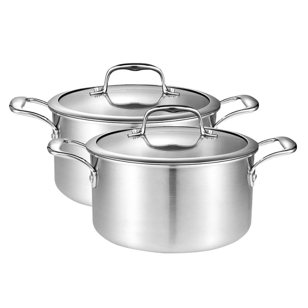 1-SOGA 2X 22cm Stainless Steel Soup Pot Stock Cooking Stockpot Heavy Duty Thick Bottom with Glass Lid