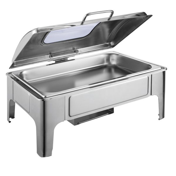 1-SOGA 9L Rectangular Stainless Steel Soup Warmer Roll Top Chafer Chafing Dish Set with Glass Visual Window Lid