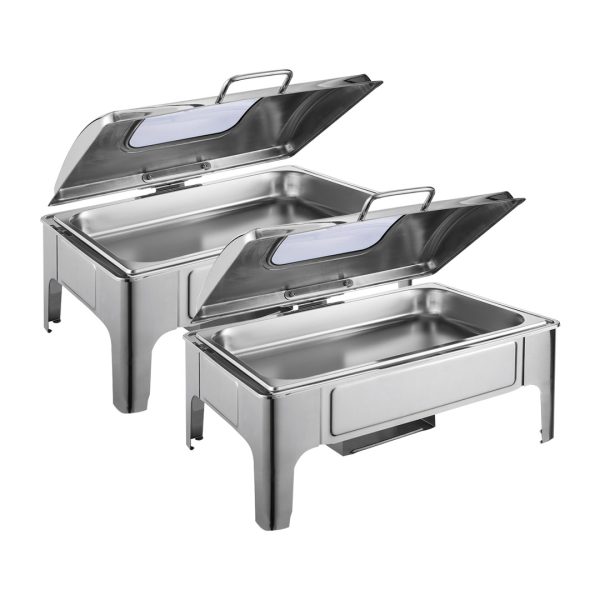 1-SOGA 2X 9L Rectangular Stainless Steel Soup Warmer Roll Top Chafer Chafing Dish Set with Glass Visual Window Lid