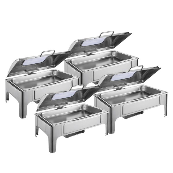 1-SOGA 4X 9L Rectangular Stainless Steel Soup Warmer Roll Top Chafer Chafing Dish Set with Glass Visual Window Lid