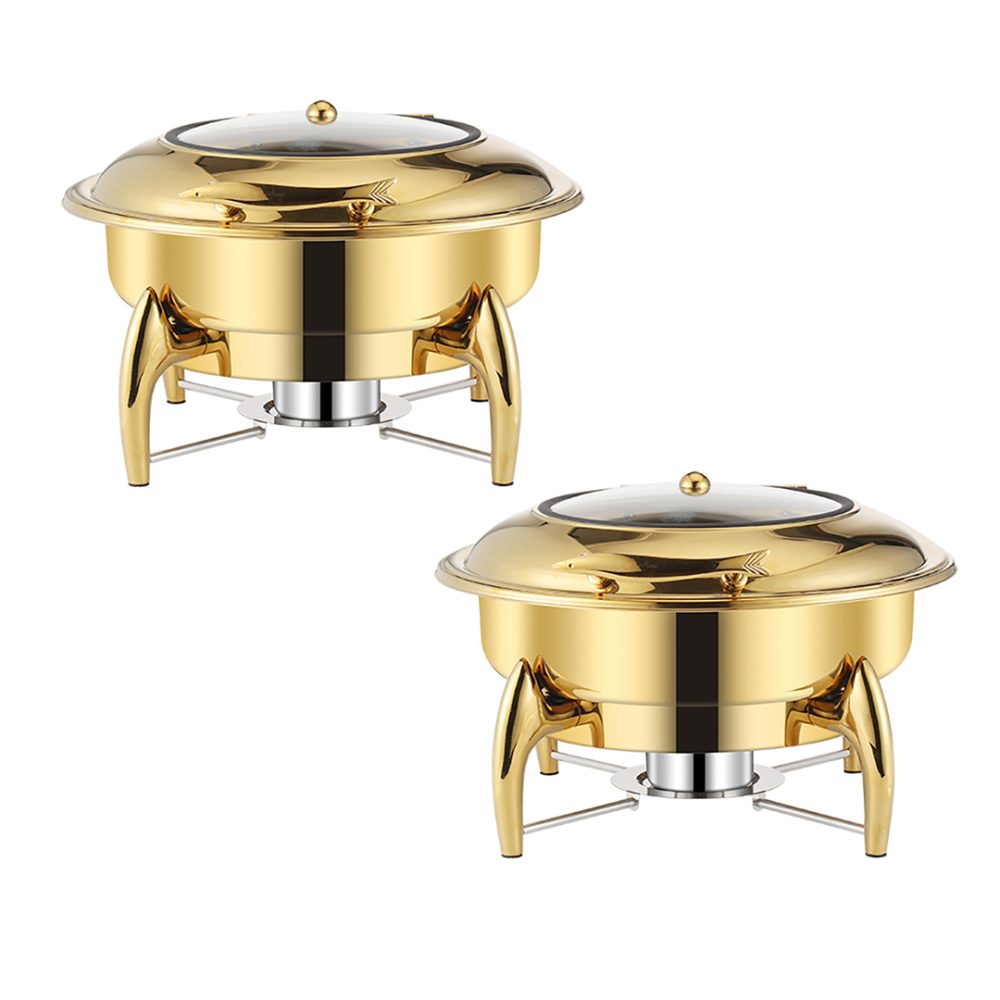1-SOGA 2X Gold Plated Stainless Steel Round Chafing Dish Tray Buffet Cater Food Warmer Chafer with Top Lid
