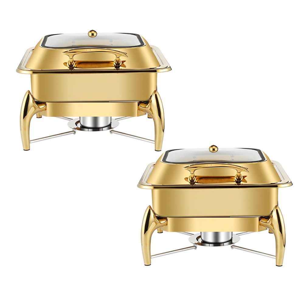 1-SOGA 2X Gold Plated Stainless Steel Square Chafing Dish Tray Buffet Cater Food Warmer Chafer with Top Lid