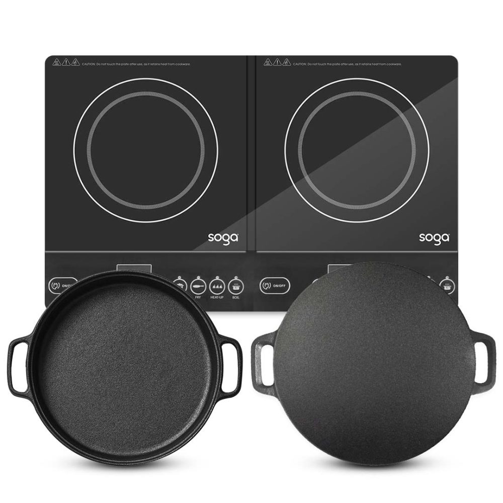 1-SOGA Dual Burners Cooktop Stove 30cm Cast Iron Skillet and 34cm Induction Crepe Pan Cookware