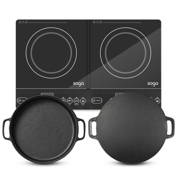 1-SOGA Dual Burners Cooktop Stove 30cm Cast Iron Skillet and 34cm Induction Crepe Pan Cookware