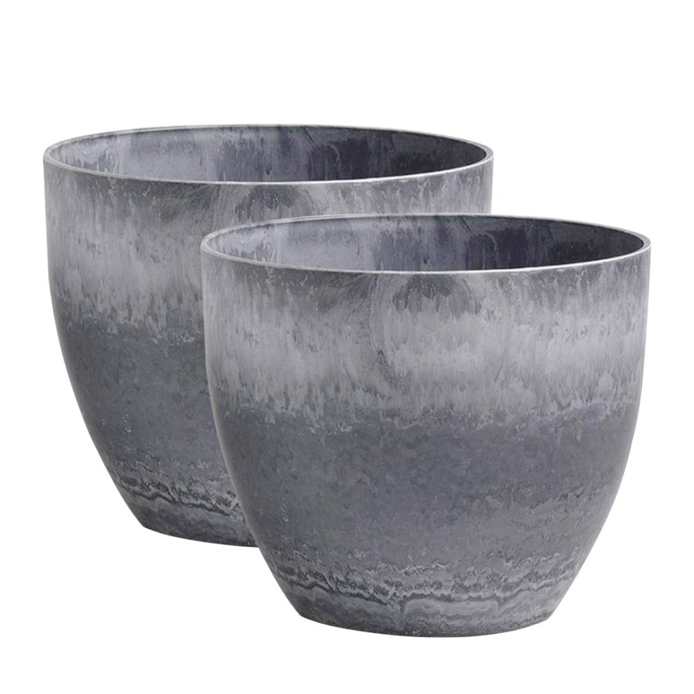 1-SOGA 2X 27cm Weathered Grey Round Resin Plant Flower Pot in Cement Pattern Planter Cachepot for Indoor Home Office