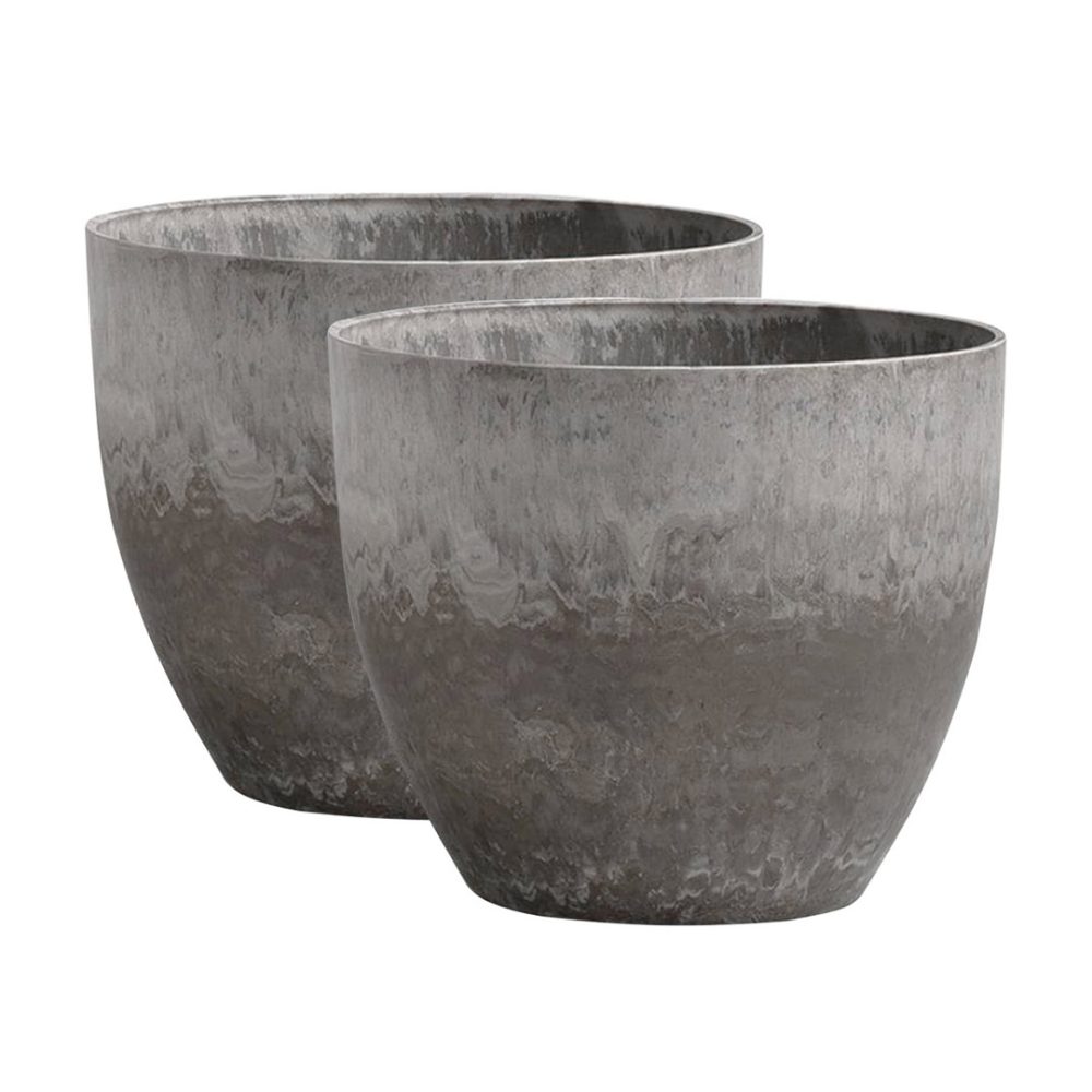 1-SOGA 2X 32cm Rock Grey Round Resin Plant Flower Pot in Cement Pattern Planter Cachepot for Indoor Home Office