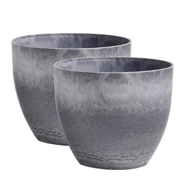 1-SOGA 2X 32cm Weathered Grey Round Resin Plant Flower Pot in Cement Pattern Planter Cachepot for Indoor Home Office