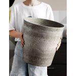 5-SOGA 27cm Rock Grey Round Resin Plant Flower Pot in Cement Pattern Planter Cachepot for Indoor Home Office