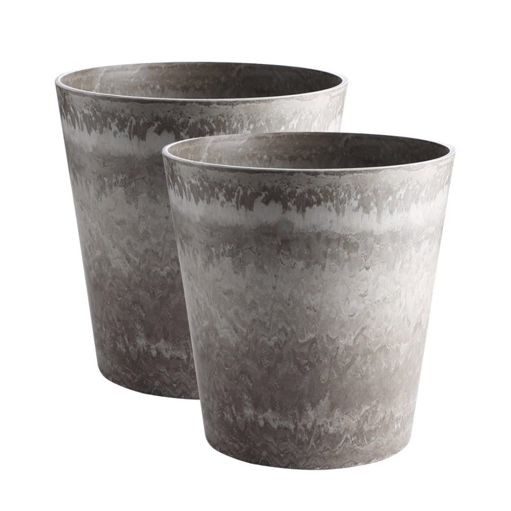 1-SOGA 2X 32cm Rock Grey Round Resin Plant Flower Pot in Cement Pattern Planter Cachepot for Indoor Home Office