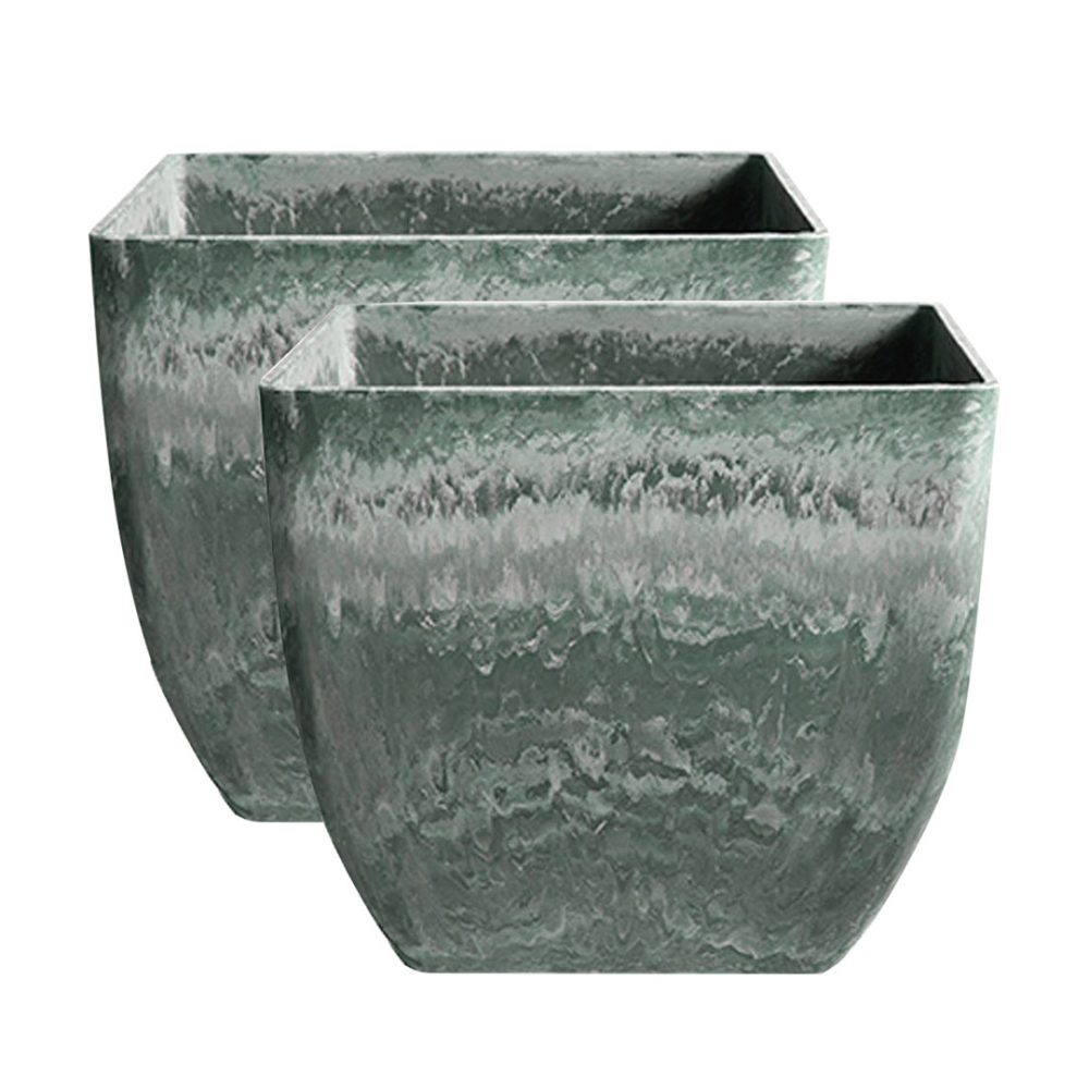 1-SOGA 2X 32cm Green Grey Square Resin Plant Flower Pot in Cement Pattern Planter Cachepot for Indoor Home Office
