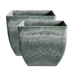 1-SOGA 2X 32cm Green Grey Square Resin Plant Flower Pot in Cement Pattern Planter Cachepot for Indoor Home Office