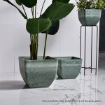 4-SOGA 2X 32cm Green Grey Square Resin Plant Flower Pot in Cement Pattern Planter Cachepot for Indoor Home Office