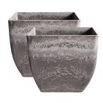 1-SOGA 2X 32cm Rock Grey Square Resin Plant Flower Pot in Cement Pattern Planter Cachepot for Indoor Home Office