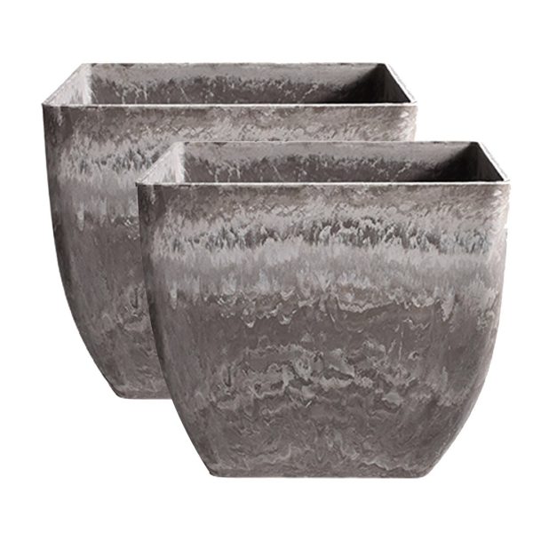 1-SOGA 2X 32cm Rock Grey Square Resin Plant Flower Pot in Cement Pattern Planter Cachepot for Indoor Home Office