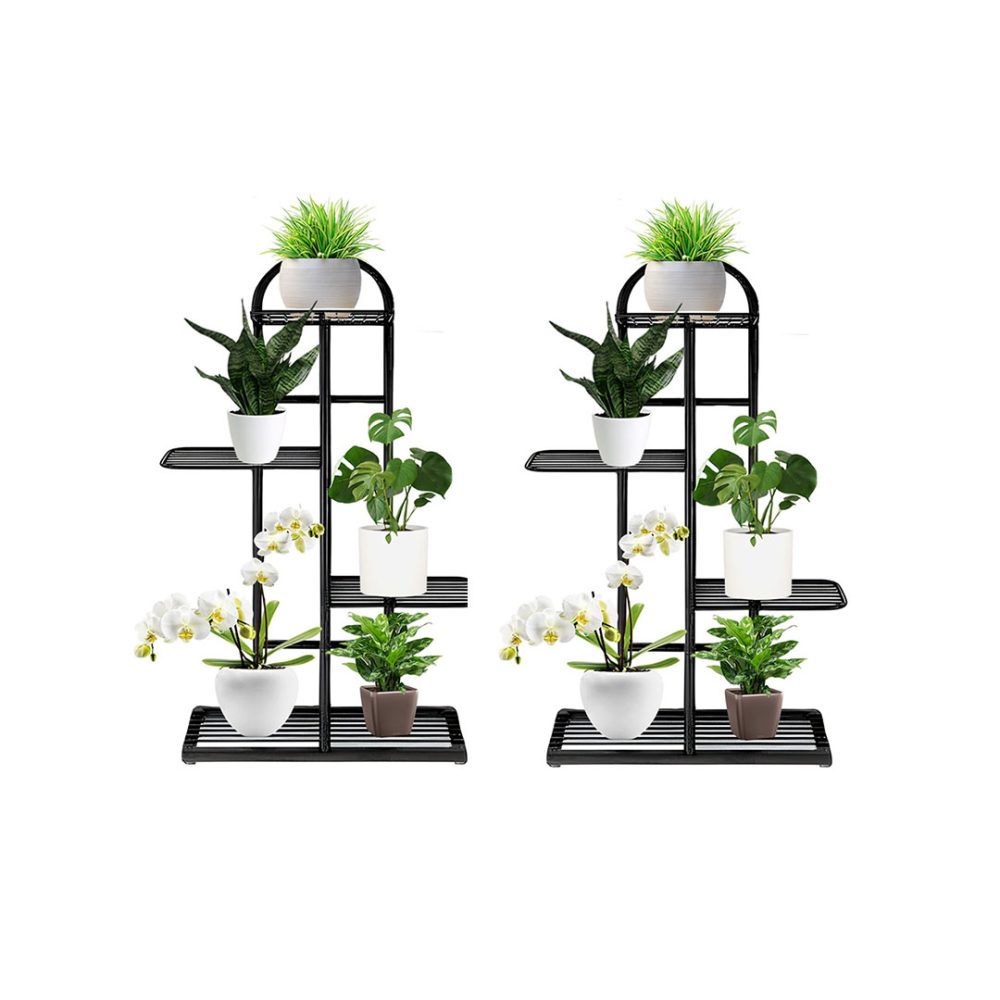 1-SOGA 2X 4 Tier 5 Pots Black Metal Plant Stand Flowerpot Display Shelf Rack Indoor Home Office Decor