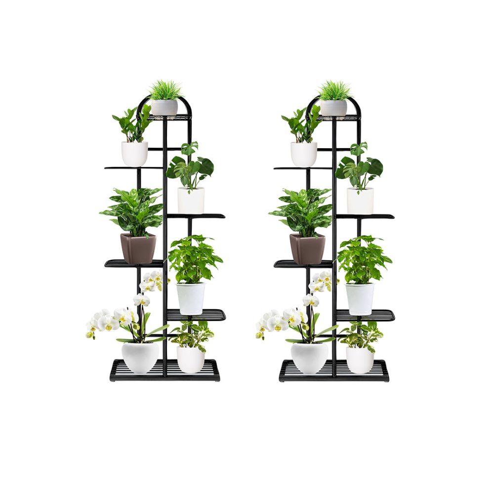 1-SOGA 2X 6 Tier 7 Pots Black Metal Plant Stand Flowerpot Display Shelf Rack Indoor Home Office Decor