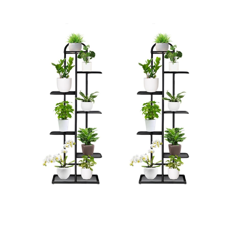 1-SOGA 2X 7 Tier 8 Pots Black Metal Plant Stand Flowerpot Display Shelf Rack Indoor Home Office Decor