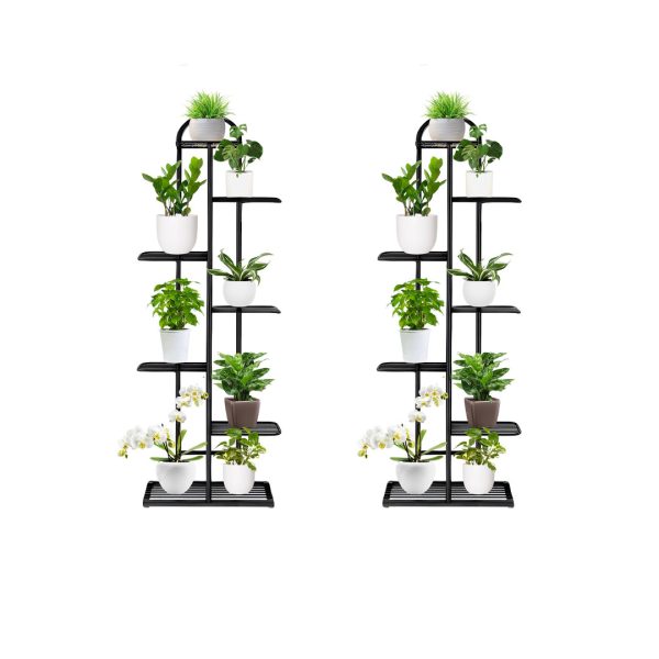 1-SOGA 2X 7 Tier 8 Pots Black Metal Plant Stand Flowerpot Display Shelf Rack Indoor Home Office Decor