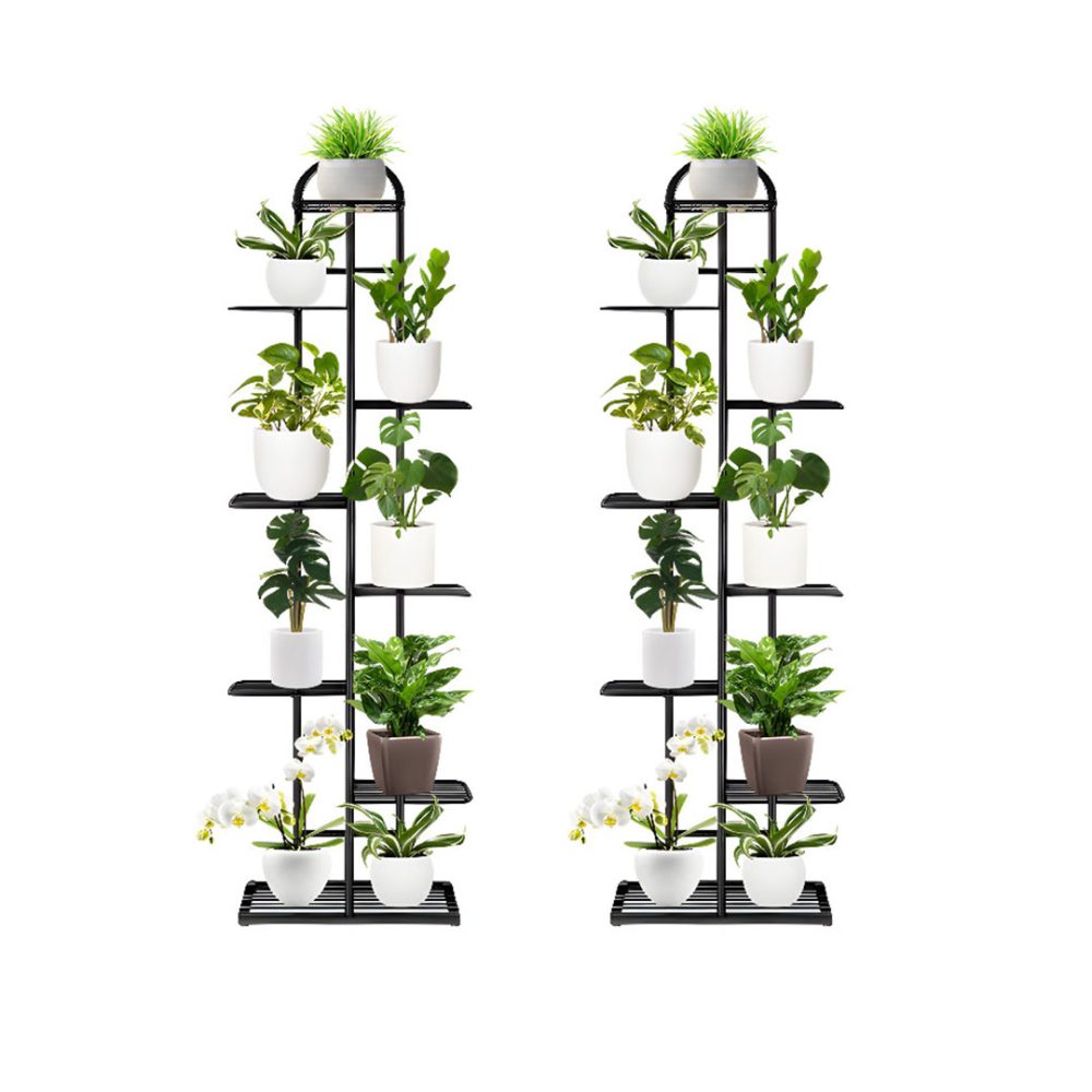1-SOGA 2X 8 Tier 9 Pots Black Metal Plant Stand Flowerpot Display Shelf Rack Indoor Home Office Decor