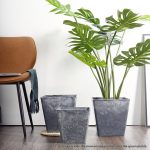 3-SOGA 27cm Weathered Grey Square Resin Plant Flower Pot in Cement Pattern Planter Cachepot for Indoor Home Office