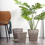 3-SOGA 27cm Sand Grey Square Resin Plant Flower Pot in Cement Pattern Planter Cachepot for Indoor Home Office
