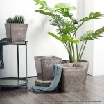 4-SOGA 27cm Sand Grey Square Resin Plant Flower Pot in Cement Pattern Planter Cachepot for Indoor Home Office