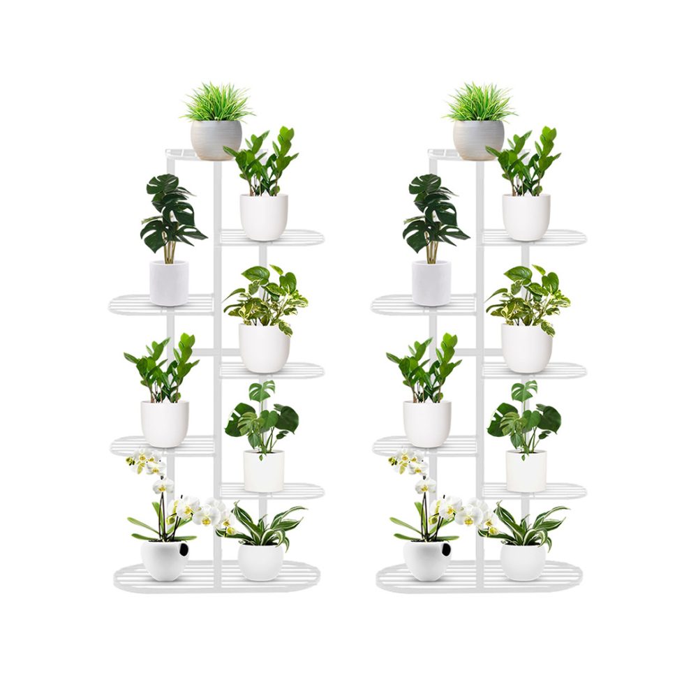 1-SOGA 2X 7 Tier 8 Pots White Metal Plant Rack Flowerpot Storage Display Stand Holder Home Garden Decor