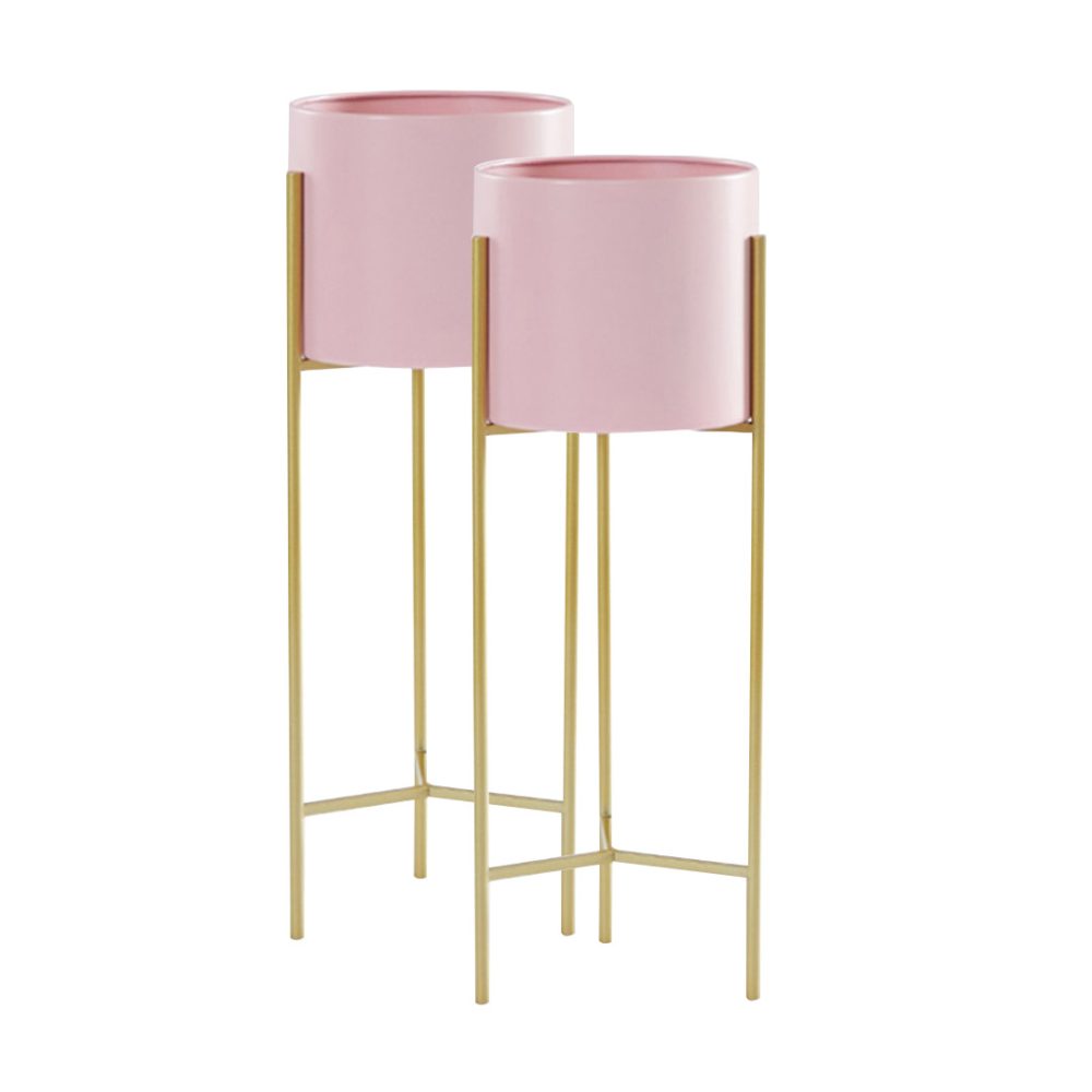 1-SOGA 2X 2 Layer 42cm Gold Metal Plant Stand with Pink Flower Pot Holder Corner Shelving Rack Indoor Display