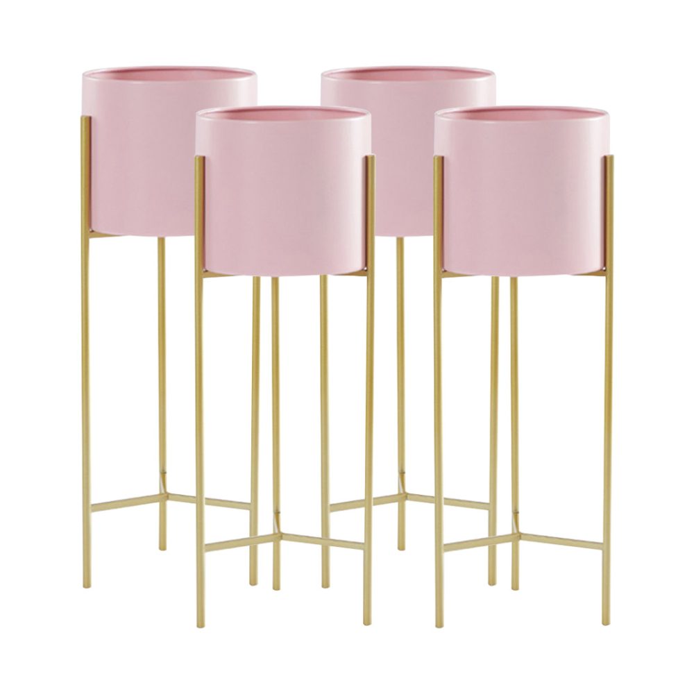 1-SOGA 4X 2 Layer 42cm Gold Metal Plant Stand with Pink Flower Pot Holder Corner Shelving Rack Indoor Display
