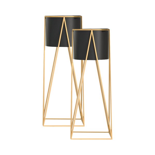 1-SOGA 2X 50cm Gold Metal Plant Stand with Black Flower Pot Holder Corner Shelving Rack Indoor Display