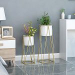 3-SOGA 50cm Gold Metal Plant Stand with White Flower Pot Holder Corner Shelving Rack Indoor Display