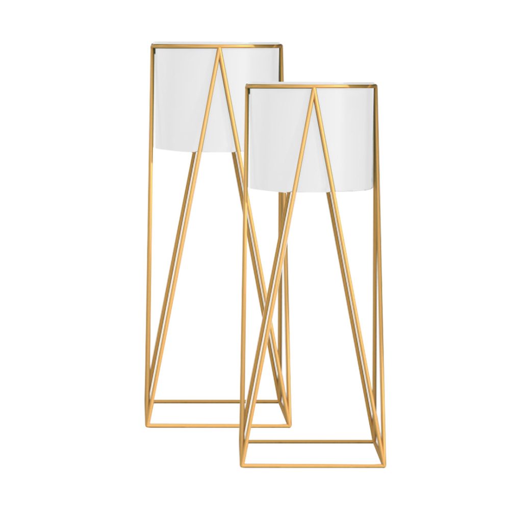 1-SOGA 2X 50cm Gold Metal Plant Stand with White Flower Pot Holder Corner Shelving Rack Indoor Display