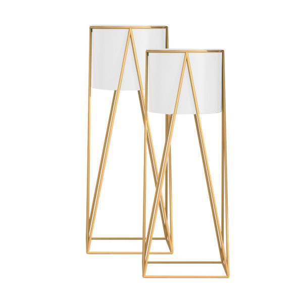 1-SOGA 2X 50cm Gold Metal Plant Stand with White Flower Pot Holder Corner Shelving Rack Indoor Display