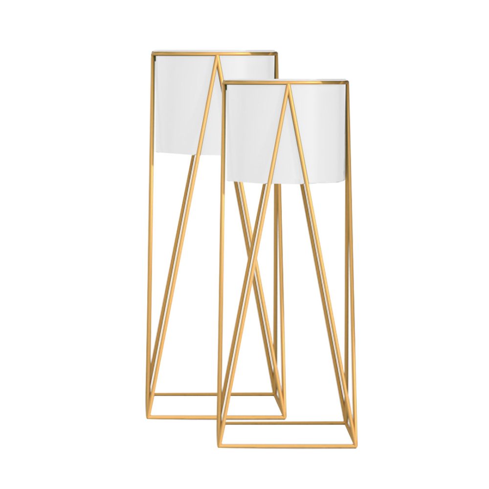 1-SOGA 2X 70cm Gold Metal Plant Stand with White Flower Pot Holder Corner Shelving Rack Indoor Display