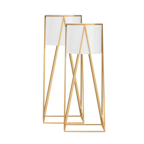 1-SOGA 2X 70cm Gold Metal Plant Stand with White Flower Pot Holder Corner Shelving Rack Indoor Display
