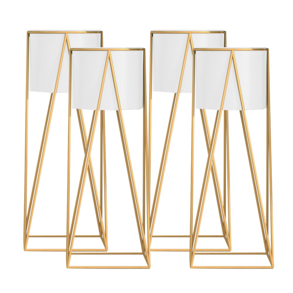 1-SOGA 4X 70cm Gold Metal Plant Stand with White Flower Pot Holder Corner Shelving Rack Indoor Display