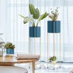 3-SOGA 2 Layer 81cm Gold Metal Plant Stand with Blue Flower Pot Holder Corner Shelving Rack Indoor Display