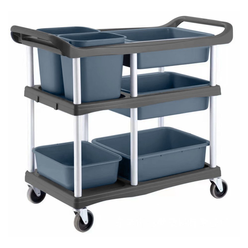 1-SOGA 3-Tier Commercial Soiled Food Trolley Dirty Plate Cart Five Buckets Kitchen Food Utility