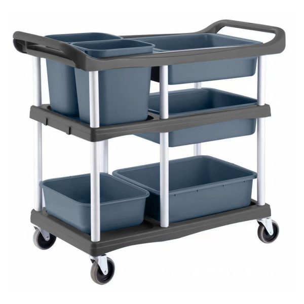 1-SOGA 3-Tier Commercial Soiled Food Trolley Dirty Plate Cart Five Buckets Kitchen Food Utility