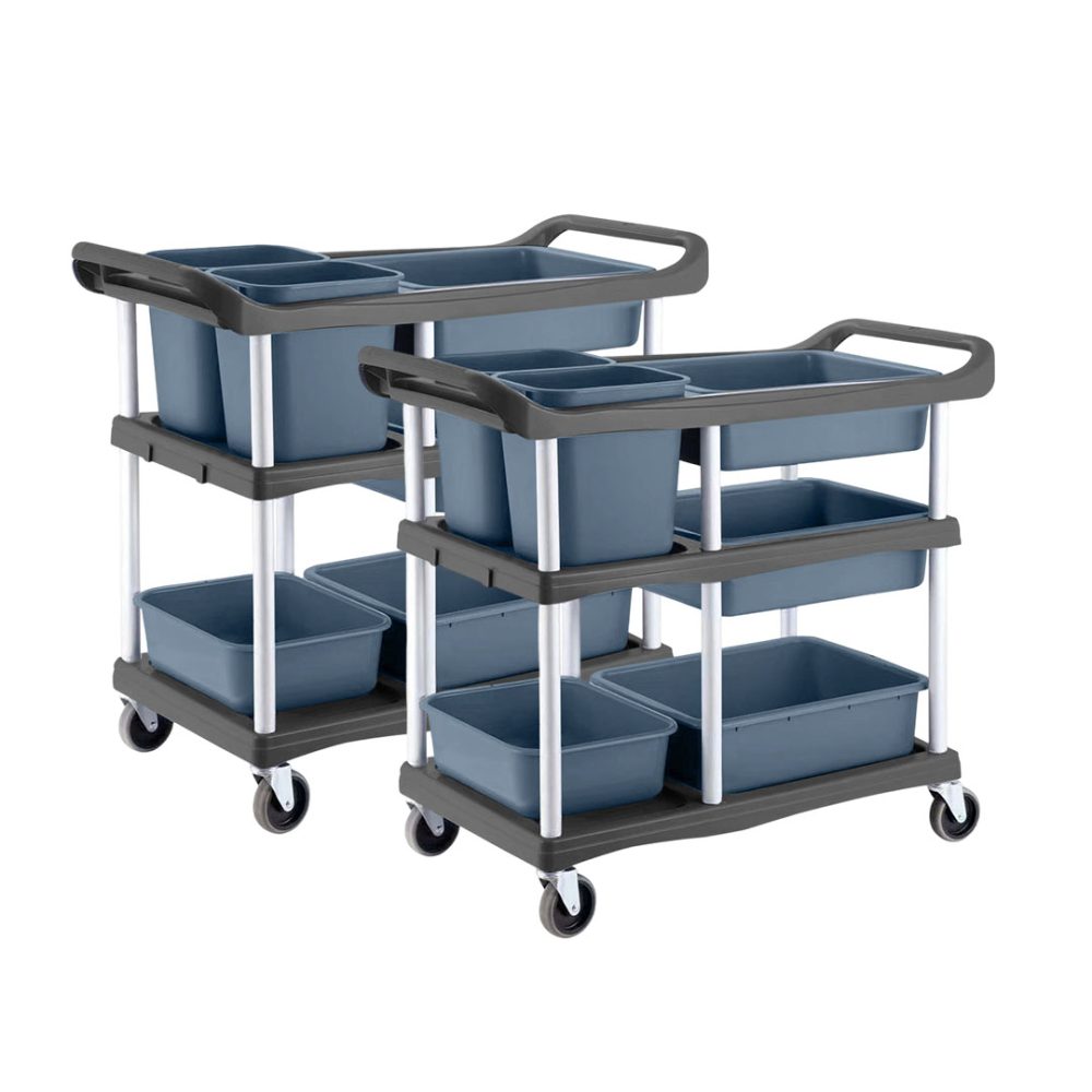 1-SOGA 2X 3-Tier Commercial Soiled Food Trolley Dirty Plate Cart Five Buckets Kitchen Food Utility