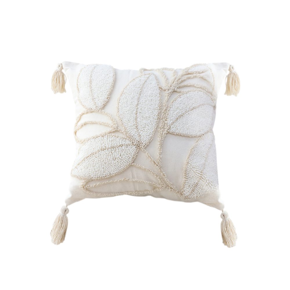 1-SOGA 45cm Wabi-sabi Cream Flower Cover & Beige Velvet Leaf Ring Square Throw Pillow