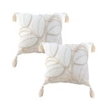 1-SOGA 2X 45cm Wabi-sabi Cream Flower Cover & Beige Velvet Leaf Ring Square Throw Pillow
