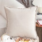 2-SOGA 2X 45cm Beige Warm Wood Tone & Wabi-sabi Striped Corduroy Square Throw Pillow