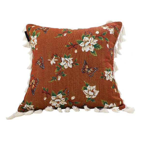 1-SOGA 45cm French Vintage Butterfly and Flower Tassel with Caramel Color Throw Pillow