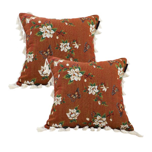 1-SOGA 2X 45cm French Vintage Butterfly and Flower Tassel with Caramel Color Throw Pillow