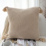 2-SOGA 2X 45cm Off-White Wabi-Sabi Raised Pillow Cotton Striped Large Tassel Square Pillow Throw Pillow