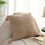 4-SOGA 2X 45cm Off-White Wabi-Sabi Raised Pillow Cotton Striped Large Tassel Square Pillow Throw Pillow